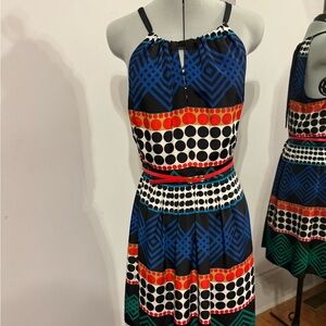 Trina Turk-Black & Multicolor Polka Dot & Geometric Print Fit & Flare Dress